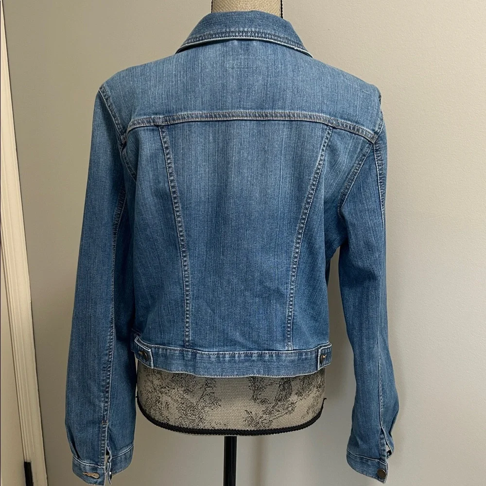Ann Taylor LOFT Classic Blue Denim LS Flap Pocket Button Front Jacket Sz Large - Picture 5 of 8